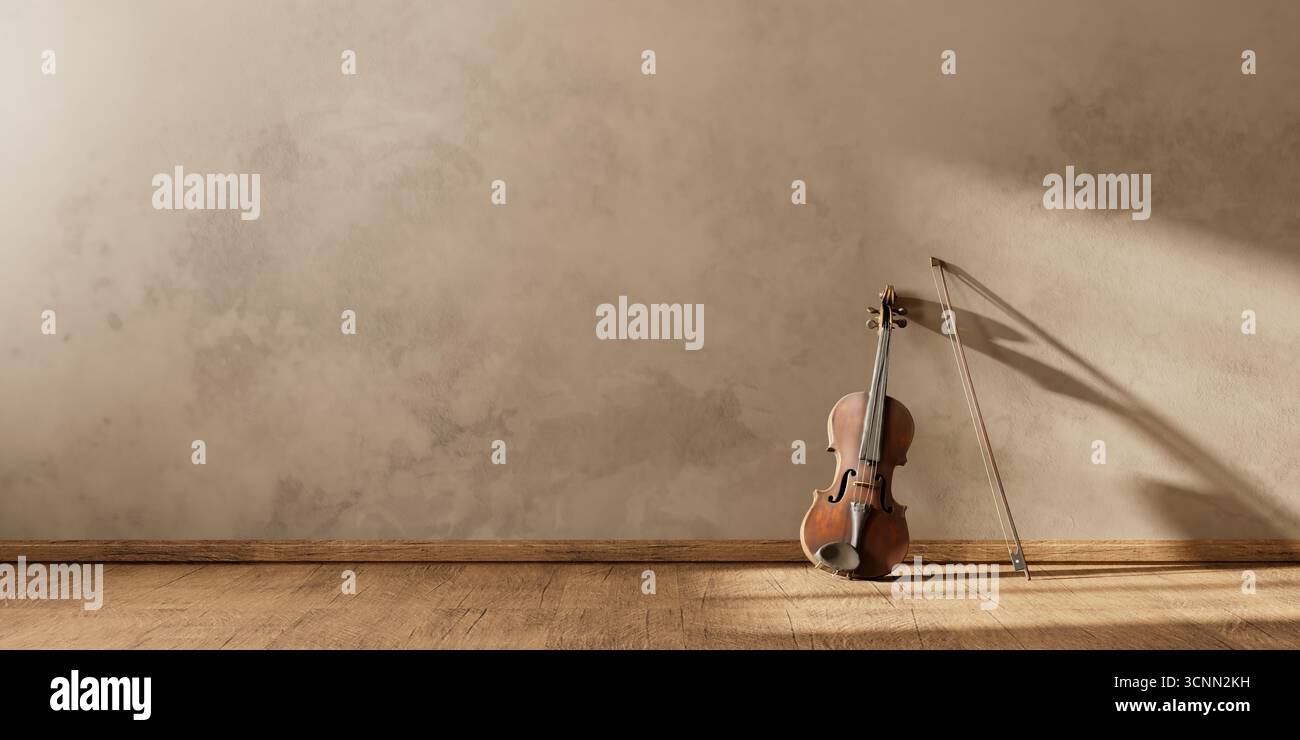 Eine klassische Geige und ein Bogen, die sanft auf eine strukturierte Wand gelehnt sind und durch sanftes Sonnenlicht hervorgehoben werden, verleihen dem Innenraum eine warme und künstlerische Note. 3D-Illus Stockfoto