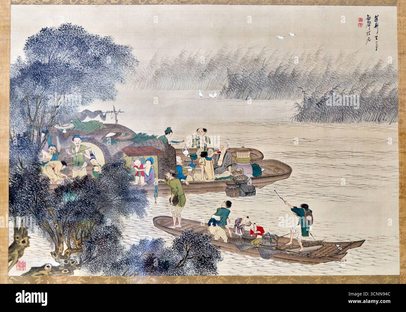 Genre-Szene. Drei Boote auf einem Fluss. Fischverkäufer, Tinte und Farbe auf Seide, unbekannter Maler, Museum für Orientalische Kunst, Ca' Pesaro Museum, Venedig, Vene Stockfoto