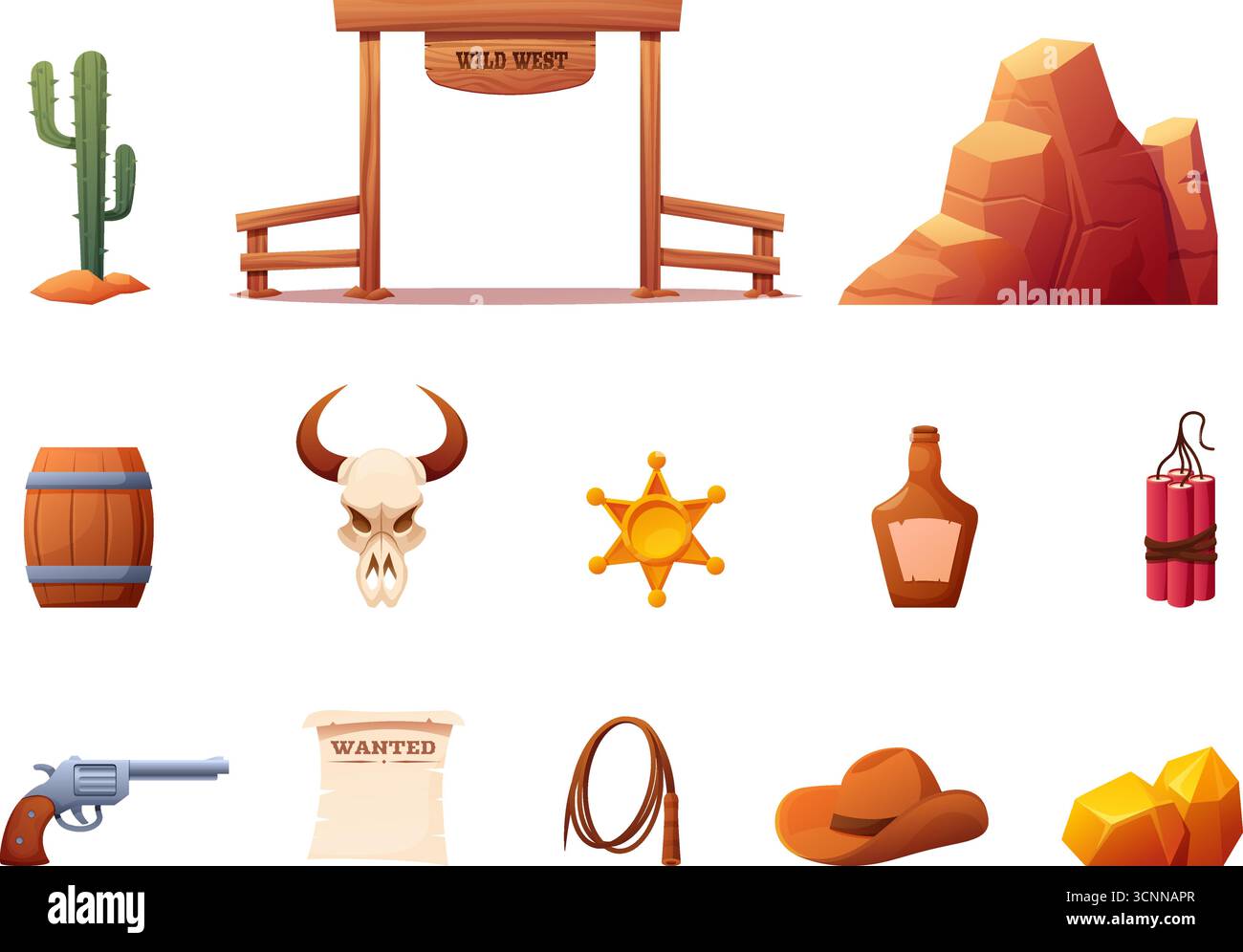 Karikaturgrafik des Wilden Westens. Isolierte Cowboywerkzeuge, Wüstenpflanzen und Steine, Holztore. Sheriff Star, dynamit, Whiskey Flasche, sapid Vektor Elemente Stock Vektor