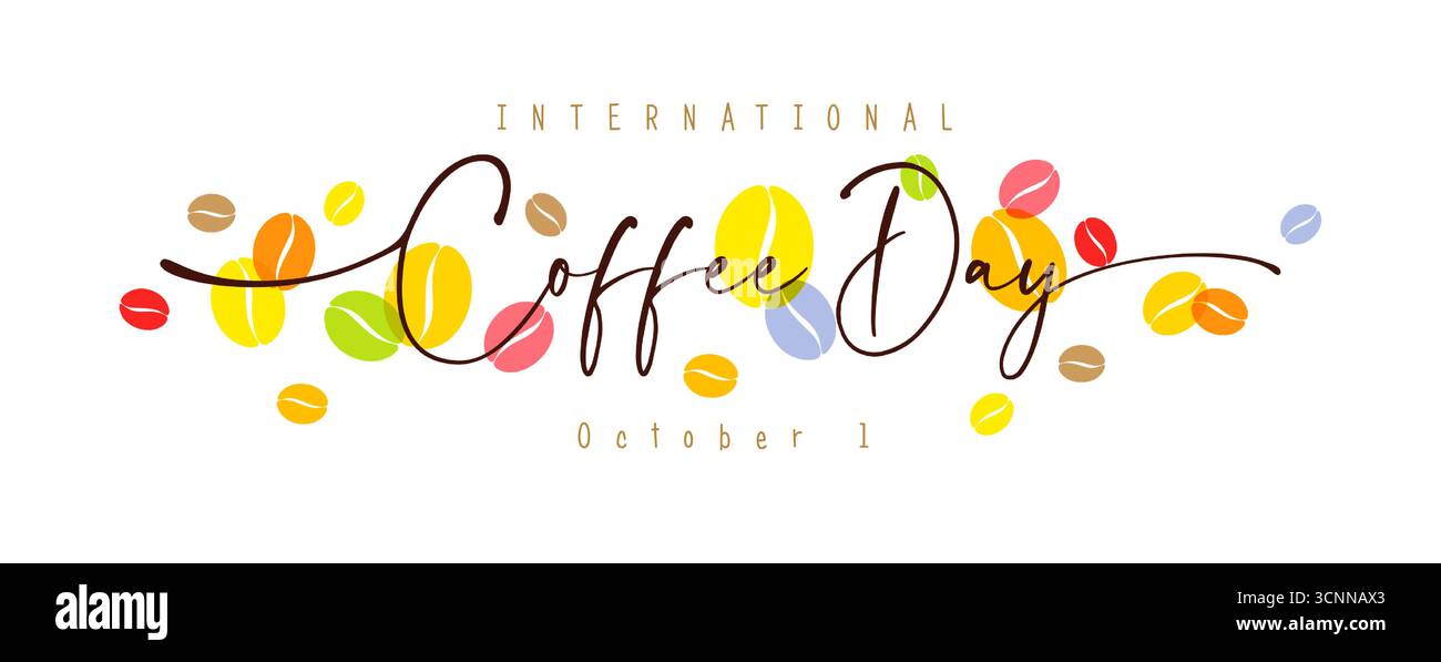 Werbebanner zum Internationalen Kaffeetag 1. Oktober. Horizontales farbenfrohes Design. Stock Vektor