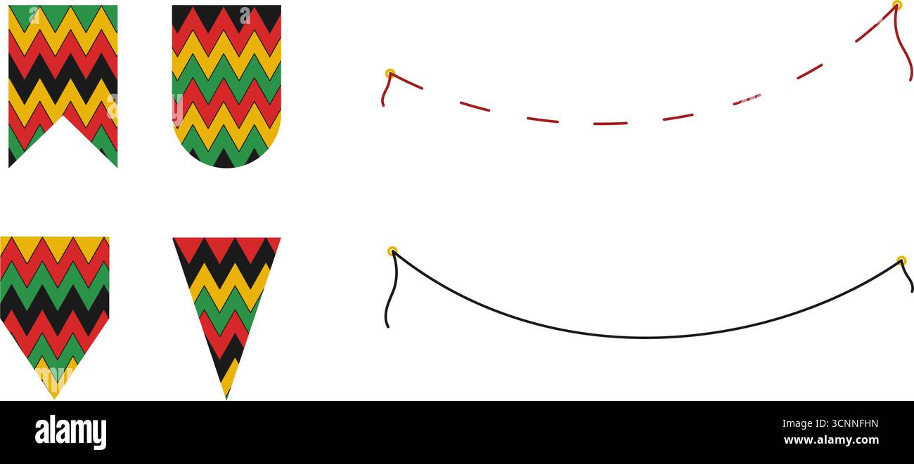 Wimpel in verschiedenen Formen mit traditionellen panafrikanischen Farben Rot, Grün, Gelb und Seilvarianten. Isolierte Vektor-Illustration Kwanzaa Grüße Thematische Karten Party Einladung, Flugblätter, Banner, Etiketten Stock Vektor