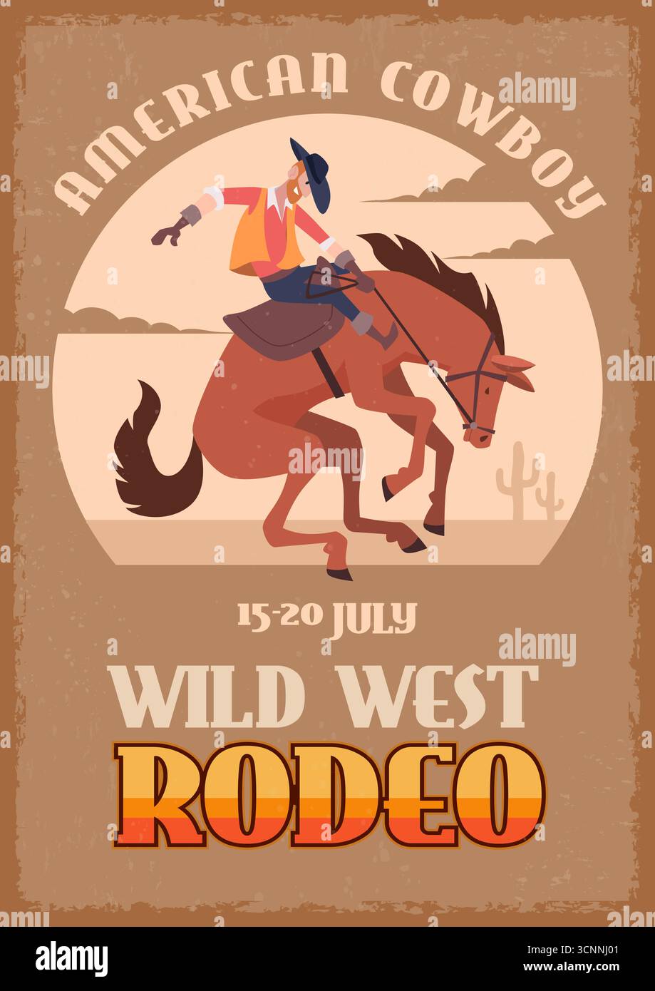 Wilder Westen. Retro-Poster mit Rodeo-Show. Cowboy reitet auf einem Pferd, Originalkunstwerk Stock Vektor
