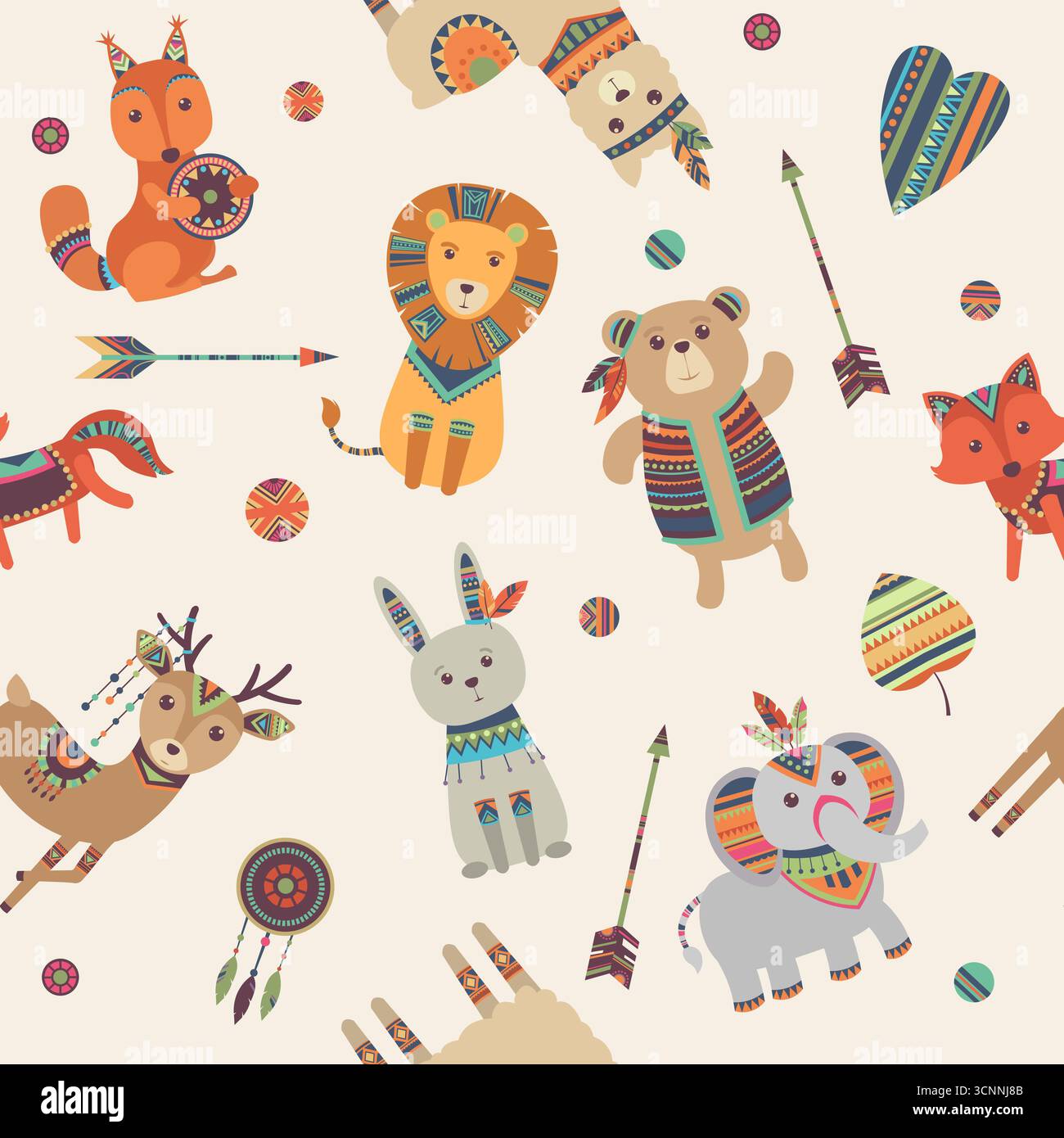 Stammestiermuster. Niedliche Waldtiere dekoriert. Vektor nahtlose Hintergrundgrafik Stock Vektor