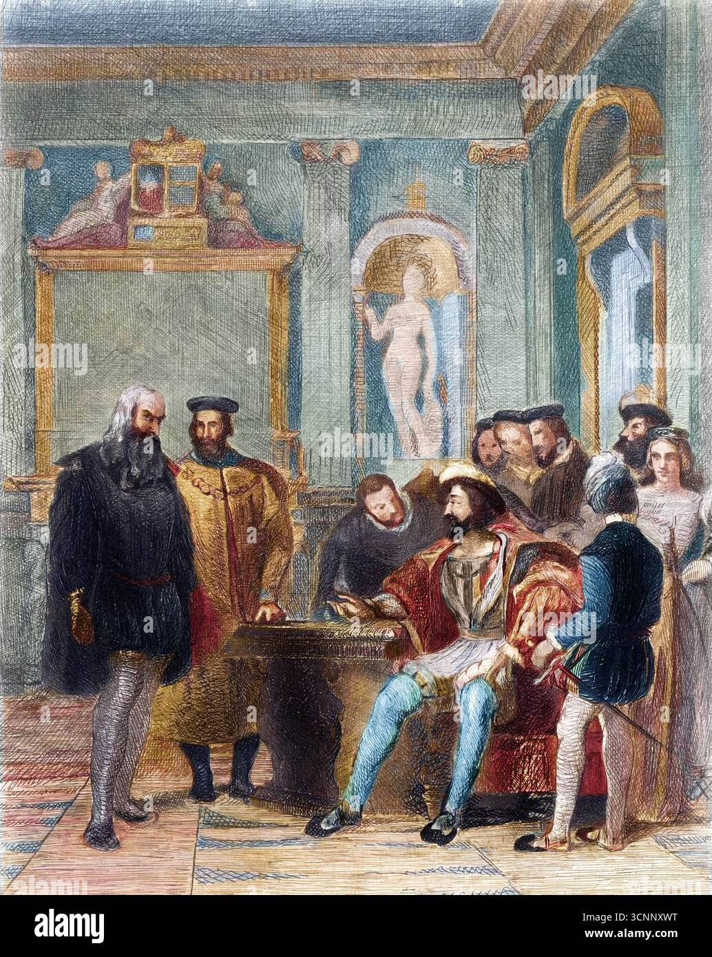 Leonardo da Vinci und König Franz I. von Frankreich - Leonard de Vinci a la cour du roi de France Francois 1er (Leonardo da Vinci alla corte del Re di Francia Francesco primo) Stockfoto