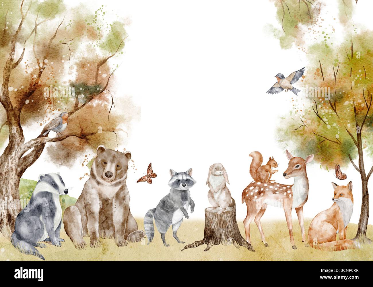 Aquarellvorlage mit Waldtieren einschließlich Bären, Waschbären, Hirschen, Kaninchen, Eichhörnchen, fuchs und Vögel im Herbstwald. Illustration einer Waldszene für kindlichen Hintergrund oder Kinderzimmer-Tapete. Stockfoto