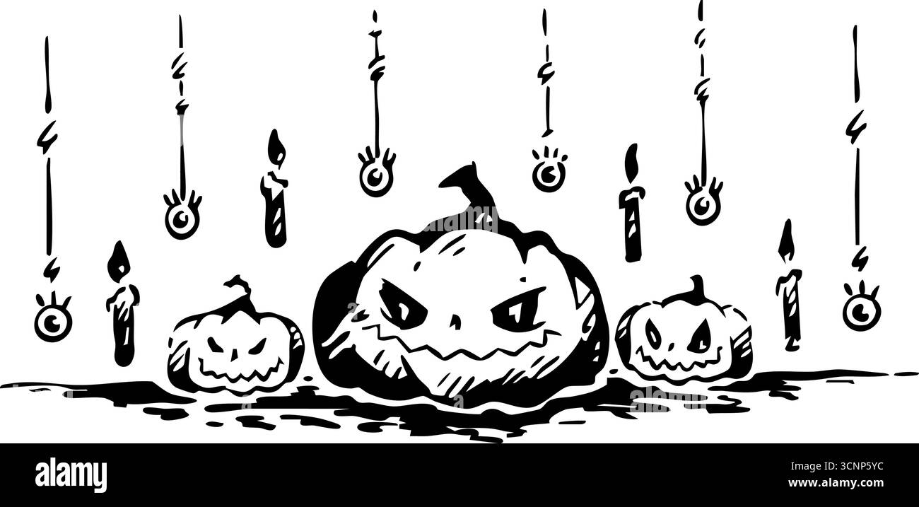 Eine gruselige Halloween-Szene mit schelmischen Jackolanterns und flackernden Kerzen, ideal für festliche Dekorationen Stockfoto