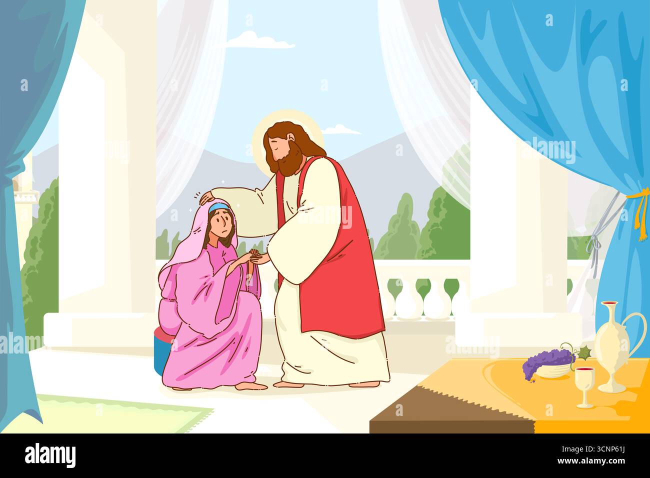 Ein zutiefst berührender Moment des Mitgefühls entfaltet sich, während Jesus zärtlich heilt und einer Frau in Not Trost gibt Stockfoto