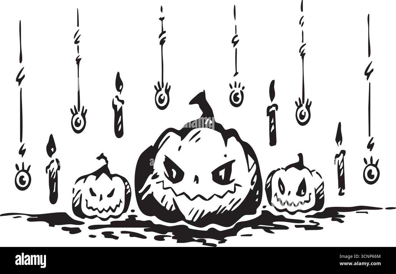 Zauberhafte und gruselige Halloween-Kürbisse, die vor Kerzen leuchten, sorgen für eine unheimliche Atmosphäre Stock Vektor