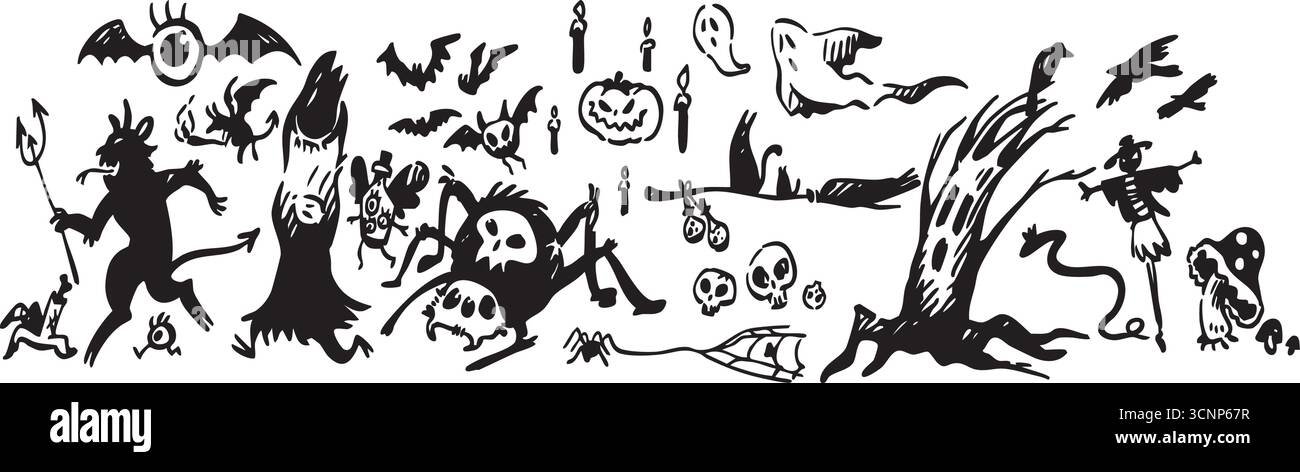Gruselige Halloween-Illustrationen mit Geistern, Kreaturen und unheimlichen Symbolen in Hülle und Fülle Stock Vektor