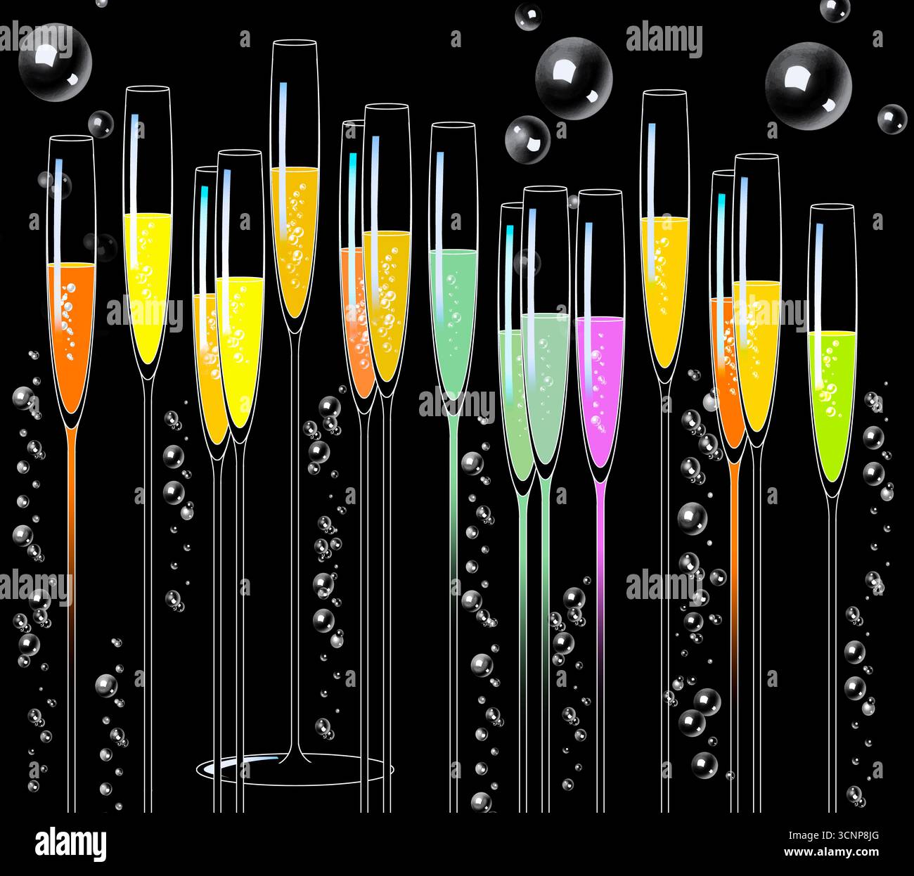 Schaumweine wie Champagner und Prosecco bezeichnen Eleganz, die hier mit Bläschen dargestellt wird. Stockfoto