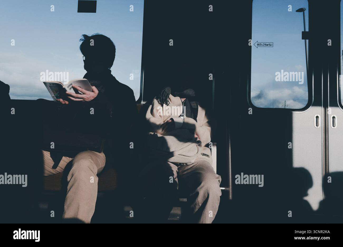 Passagiere in einem japanischen Zug, einer in ein Buch, während der andere schläft Stockfoto