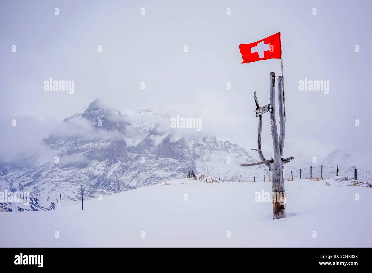 Schweizer Alpen – Januar 2016: Schneebedeckte Berglandschaft mit Schweizer Flagge im Winter Stockfoto