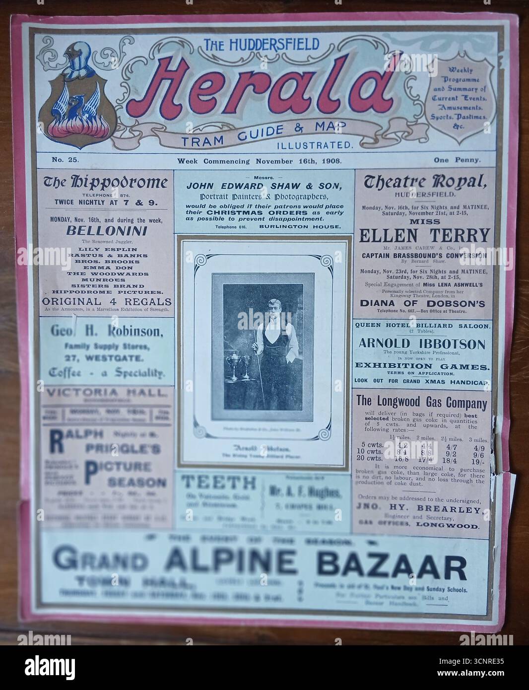 Huddersfield Herald Tram Guide und Karte für Woche ab 16. November 1908 Stockfoto