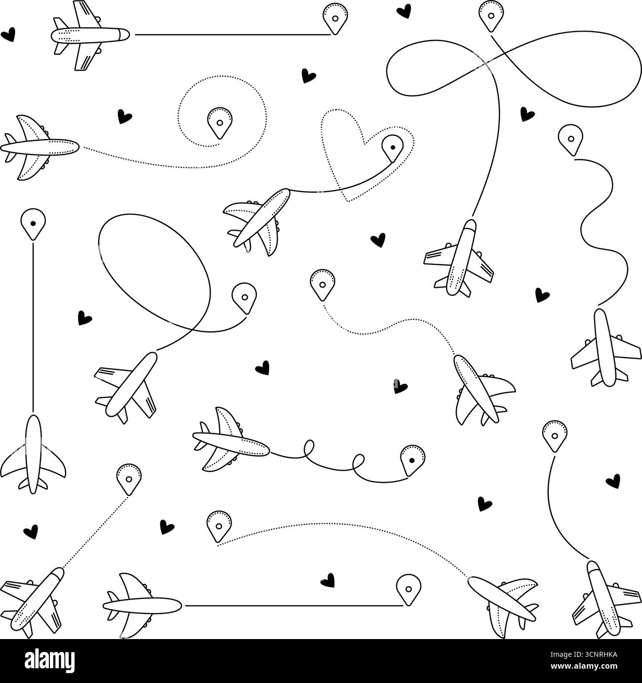 Vektor Flugstrecken eingestellt, verschiedene Flugbahnen Formen Sammlung, Flugverfolgungslinien mit Zielen. Schwarze Umrisse und gepunktete Schilder, Flugzeug t Stock Vektor