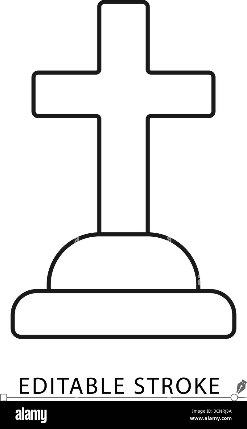 Ein Kreuz Grabstein-Symbol in minimalistischem Linienstil mit bearbeitbarem Strich. Grabstein auf dem Friedhof, Grabmal, Totensymbol, christliches Grabmal Stock Vektor
