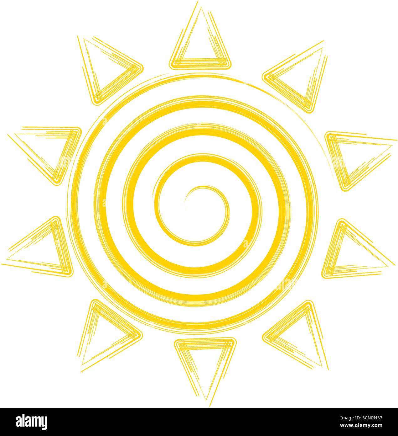 Gelbe Spiralsonnenzeichnung auf isoliertem weißem Hintergrund. Sonnensymbol und Strahlendarstellung Stock Vektor