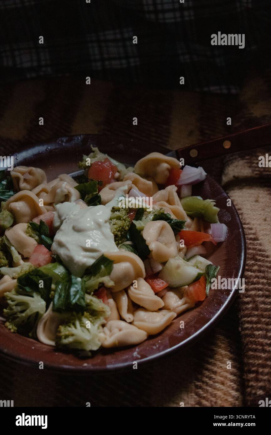 Tortellini-Pasta-Salat mit Gemüse und Sauce Stockfoto