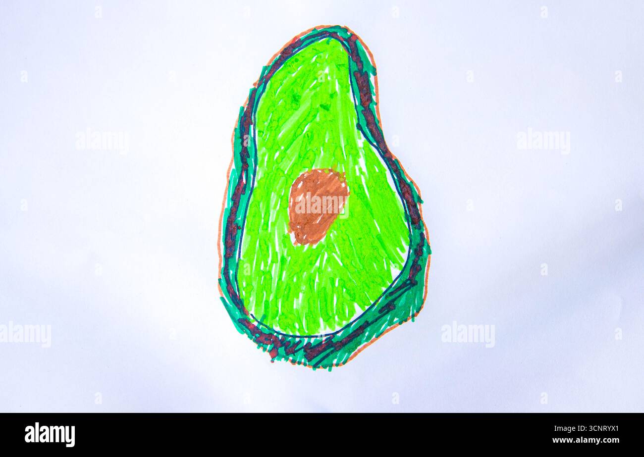Plovdiv, Bulgarien - 22. Februar 2025: Eine Hand, die ein Ölpastel und ein farbenfrohes Gemälde einer Avocado hält. Horizontales Bild mit selektivem Fokus. Co Stockfoto