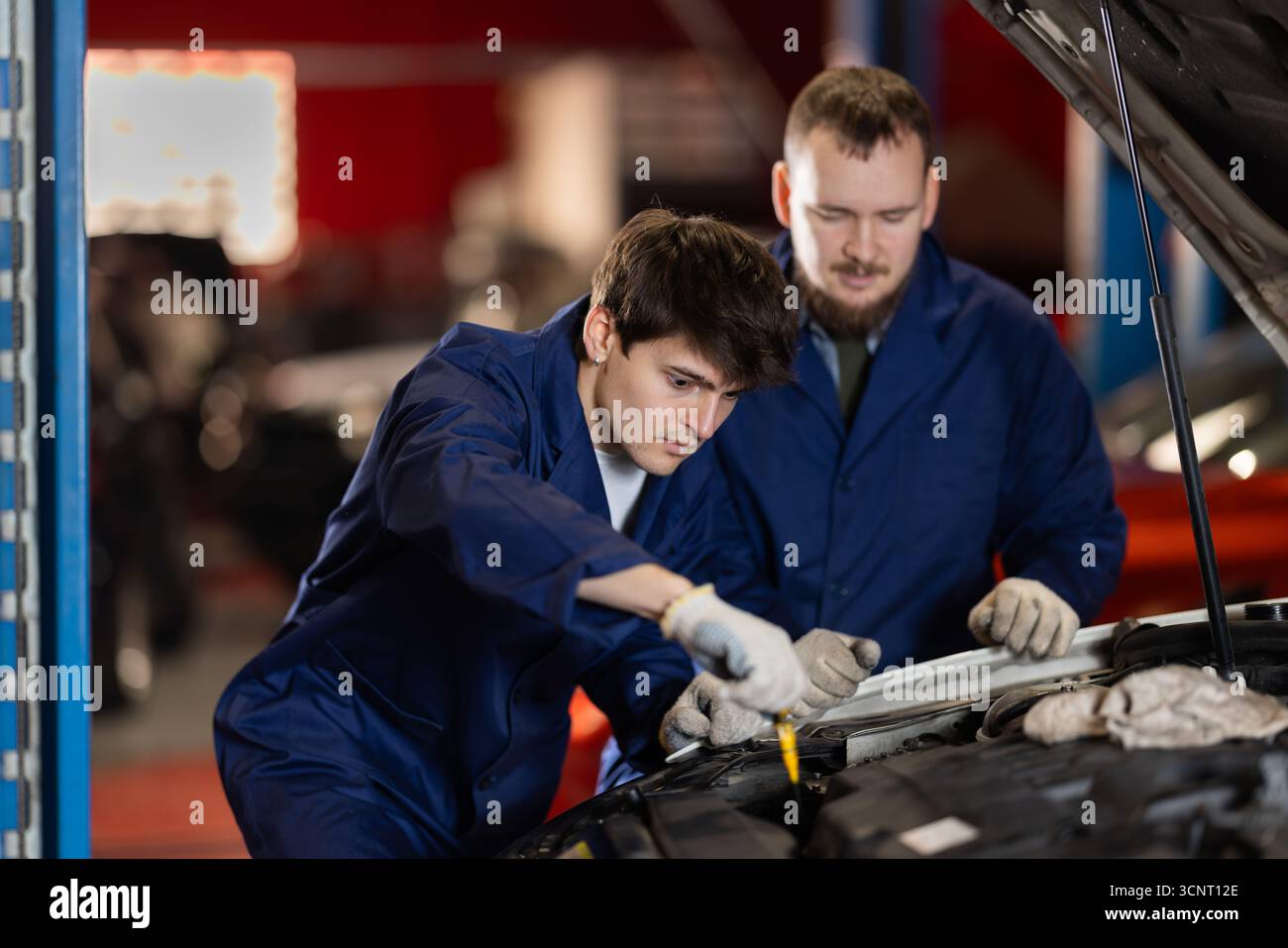 Zwei Automechaniker prüfen den Motorölstand unter der Motorhaube zusammen in der Garage Stockfoto