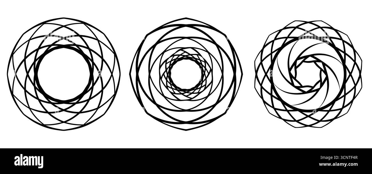 Kreisförmige geometrische Muster, die jeweils eine unterschiedliche Variation von verwobenen und spiralförmigen Linien zeigen. Stock Vektor