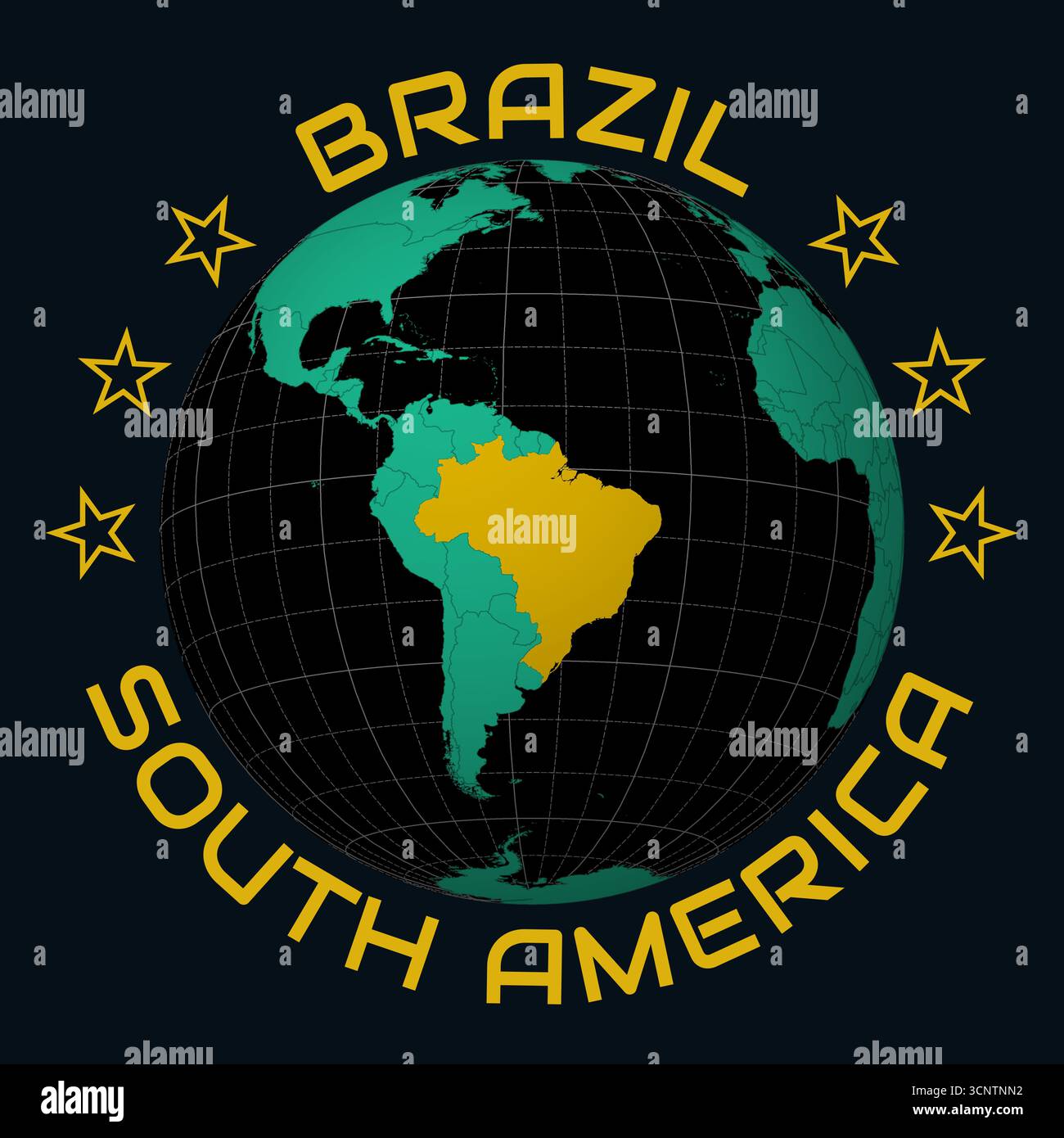 Brasilien auf Globe. Runder Text für Land und Kontinent. Länderansicht auf Weltkarte in der Farbpalette Black Emerald. Form Brasilien auf der Karte. Stock Vektor