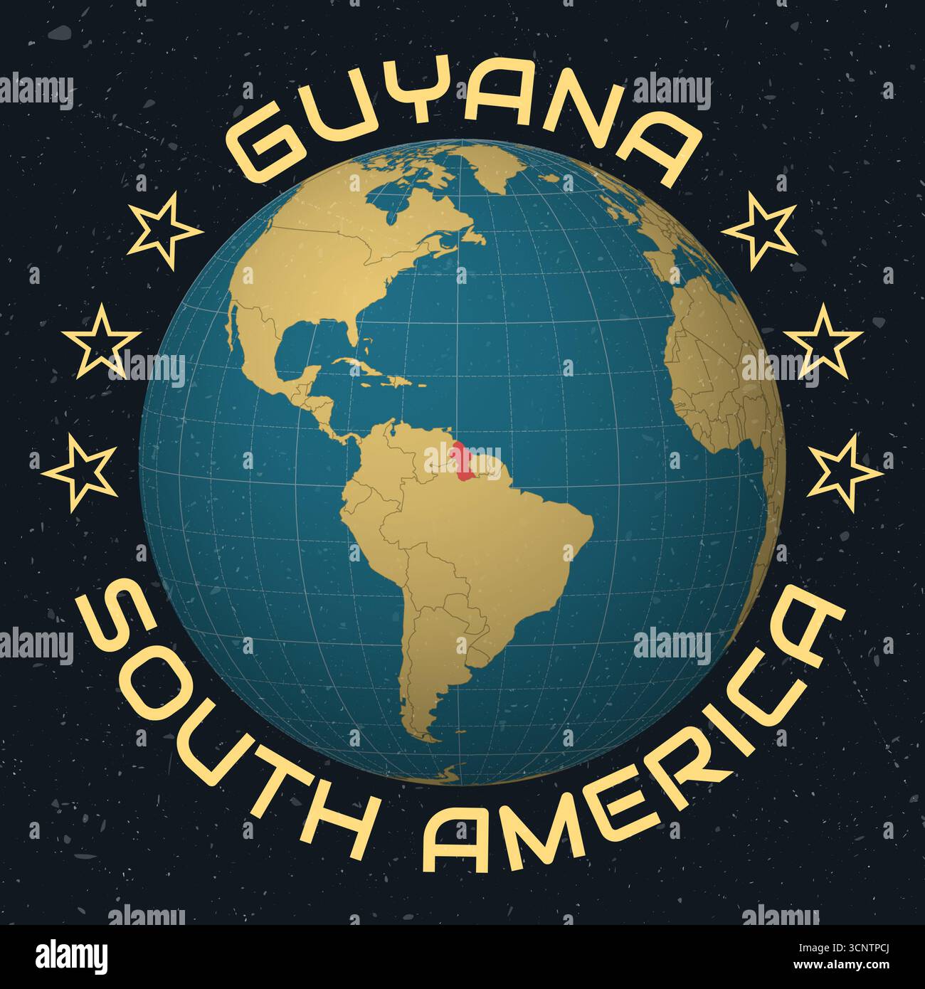 Kooperative Republik Guyana auf Globe. Runder Text für Ländernamen. Vintage-Look mit zerkratzter Grunge-Textur. Stock Vektor