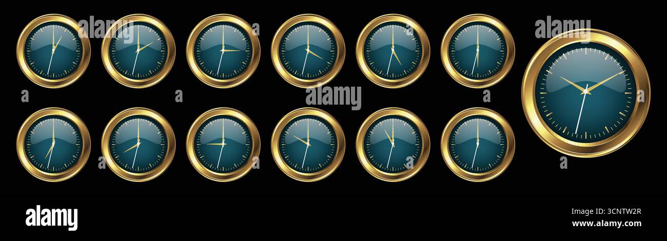 Set aus luxuriöser grüner Uhr mit goldenem Rahmen, die jede Stunde benachrichtigt Stock Vektor