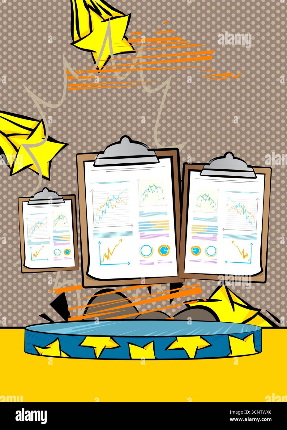 Comic Book Produkt Podiumsplatz für Mockup-Präsentation mit Geschäftsbericht. Retro-Comics-Hintergrund. Stock Vektor