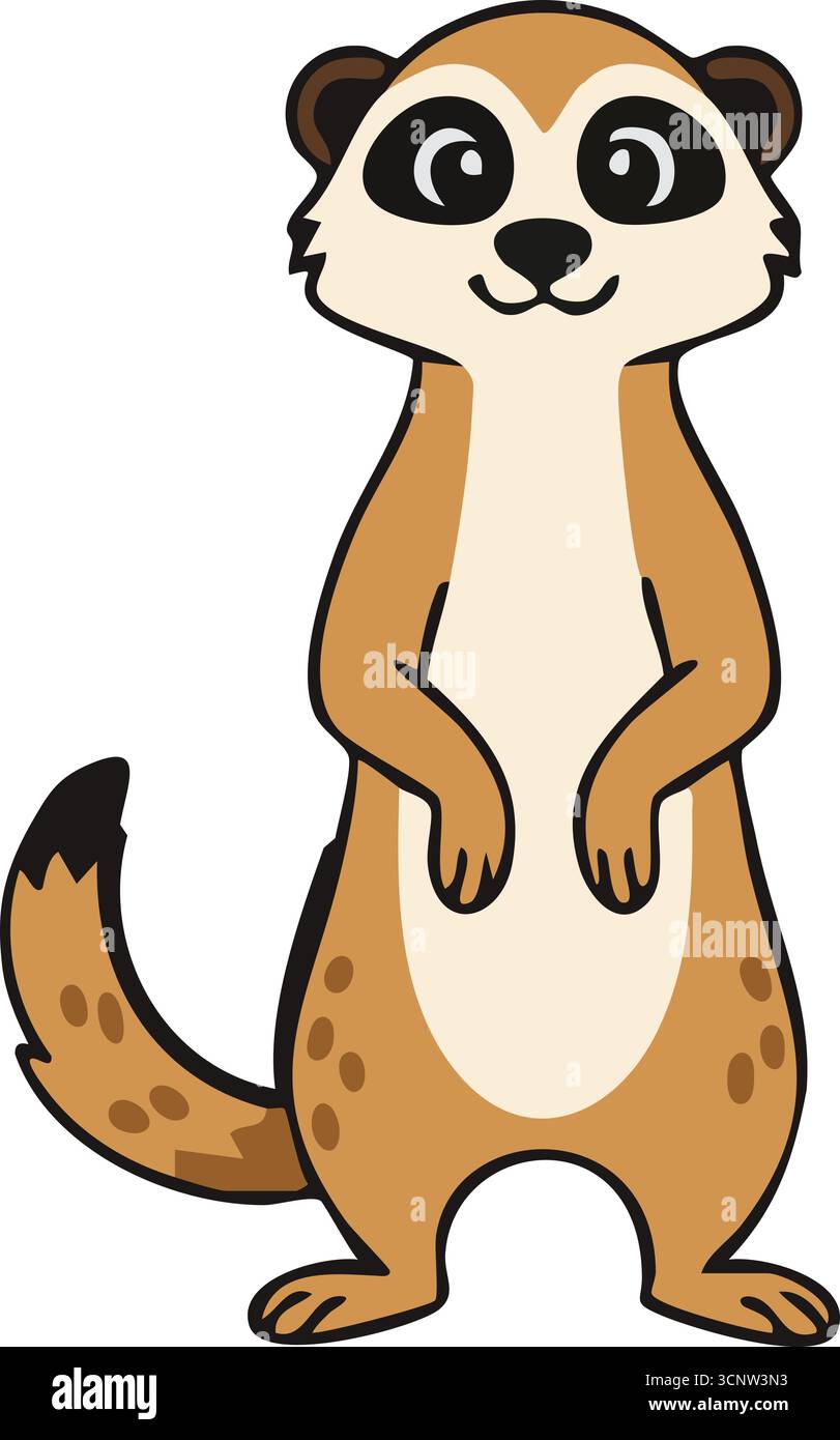 Ein niedliches Suricate posiert auf den Hinterbeinen, die Pfoten sind dicht gehalten, und ein geschwungener Schwanz zeigt einen wachsamen Look im Wüstenstil Stock Vektor