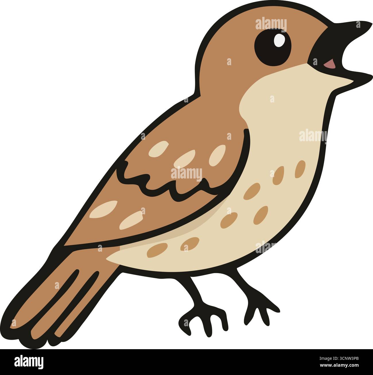 Ein kleiner sitzender Vogel ist seitlich mit einfachen Federmarkierungen dargestellt, als würde er zwitschern Stock Vektor