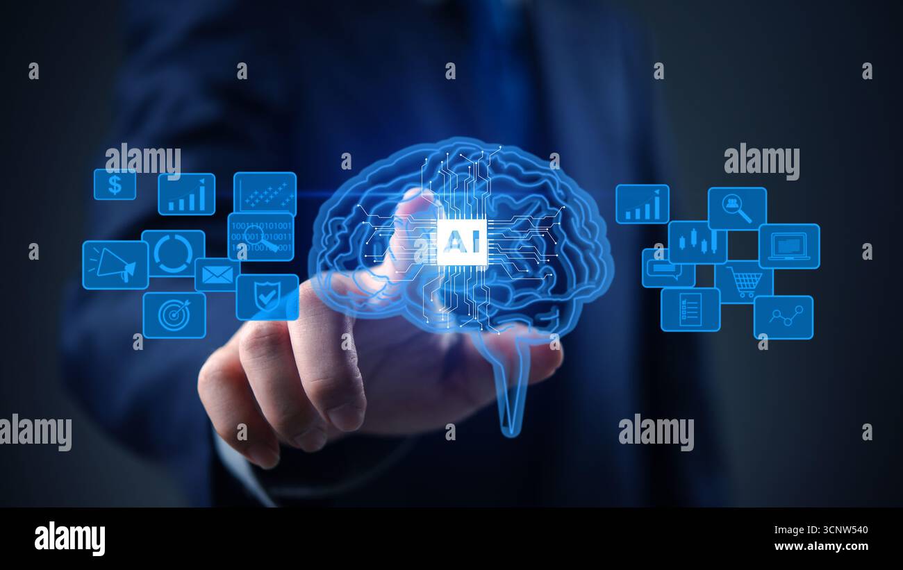 Künstliche Intelligenz, Technologie und Unternehmensinnovationskonzept mit digitalem Gehirn und KI-Schaltkreis, die in der Hand eines Geschäftsmannes leuchten. Stockfoto