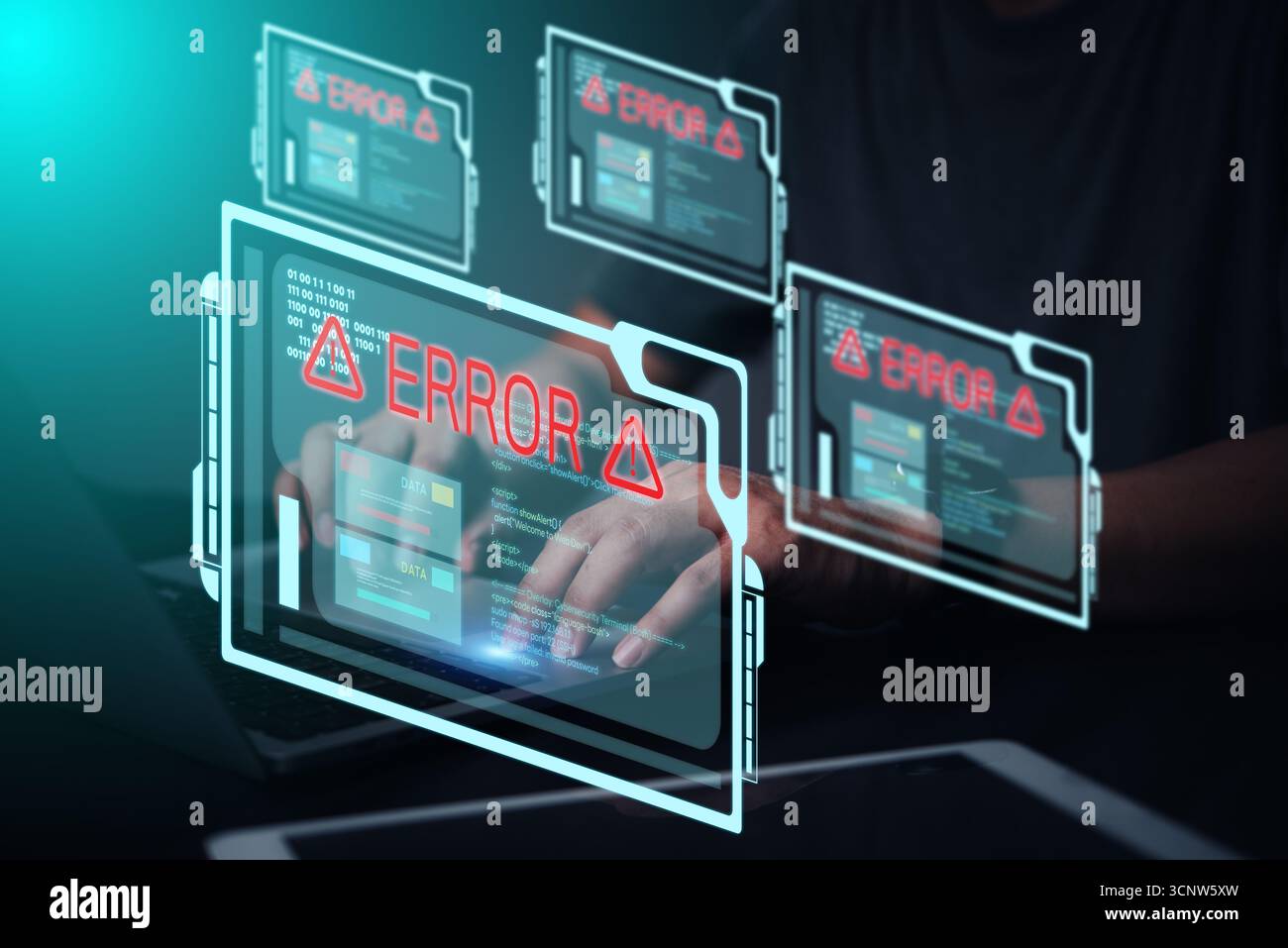 Konzept der digitalen Technologie für Systemfehler, Cyberangriffe oder Datenmissbrauch. Cybersicherheitsprobleme, Hacking, Netzwerkprobleme mit Fehlermeldungen und prog Stockfoto