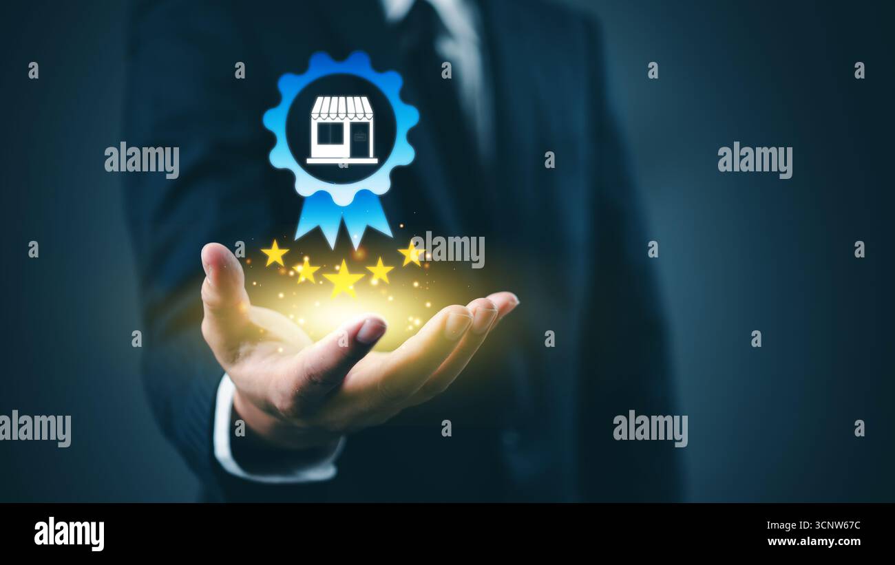 Geschäftsmann 5-Sterne-Bewertung und Geschäft Icon blaues Band. Konzept von Markenvertrauen, Qualitätssicherung, Exzellenz und Kundenzufriedenheit E-Commerce Stockfoto