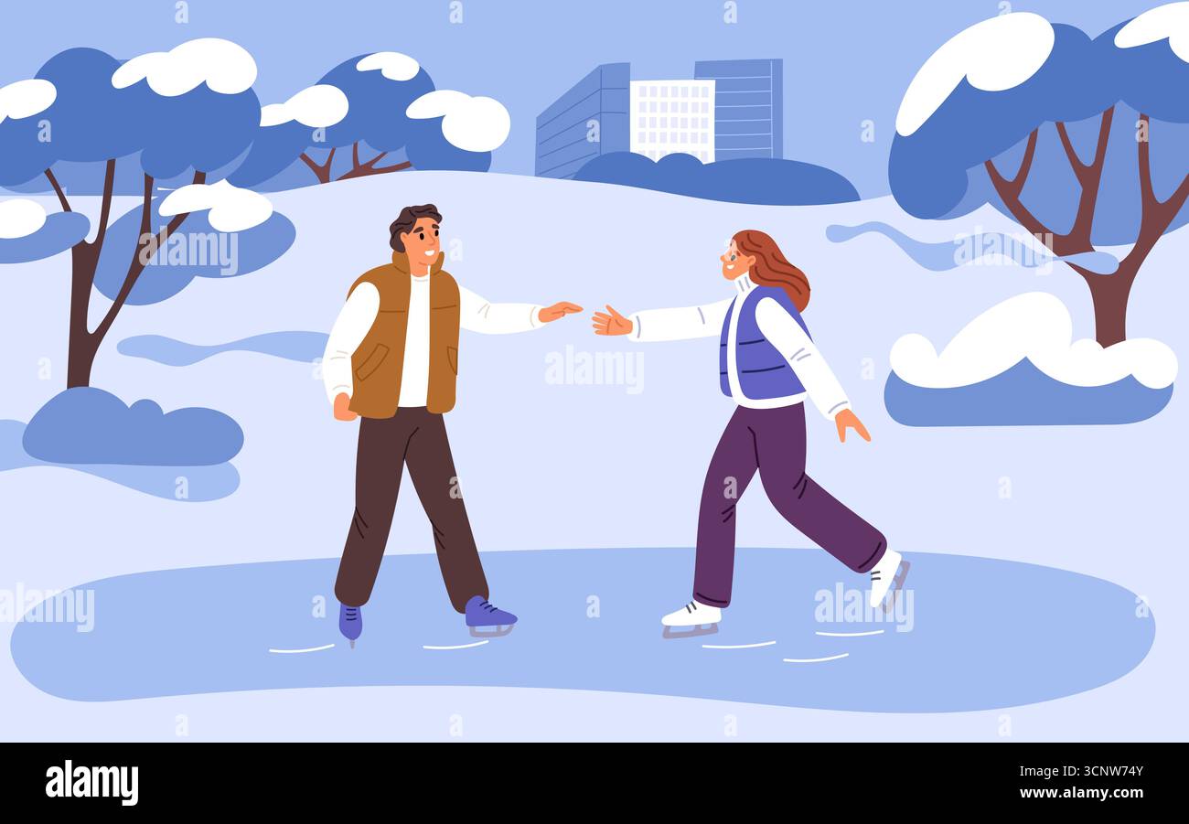 Mann und Frau laufen auf der Eisbahn. Verliebte Paare verbringen Zeit im Winter-Stadtpark. Menschen, die gemeinsam im Freien laufen. Freizeit in der kalten Jahreszeit. Romanti Stock Vektor