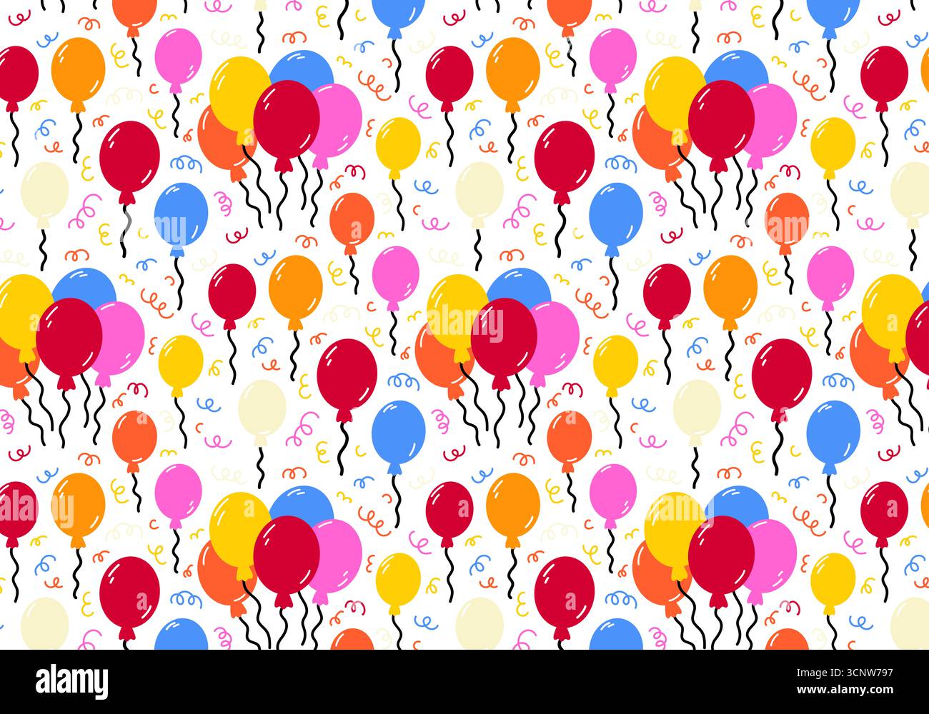 Nahtloses Geburtstagsmuster. Partydekor mit farbenfrohen Konfetti und Ballons. Partys, Geschenke, Grüße, Happy Holiday Card. Wandbanner für Geburtstage. Stockfoto