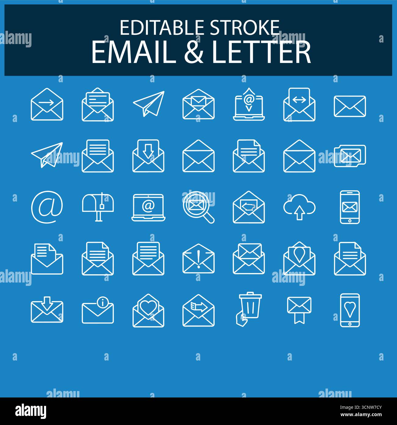 Symbolgruppe für E-Mail, E-Mail und Postbrief. Post, Postamt, Postfach, Postbote und vieles mehr. Konturvektorsymbol im linearen Stil. Piktogramm sammeln Stock Vektor