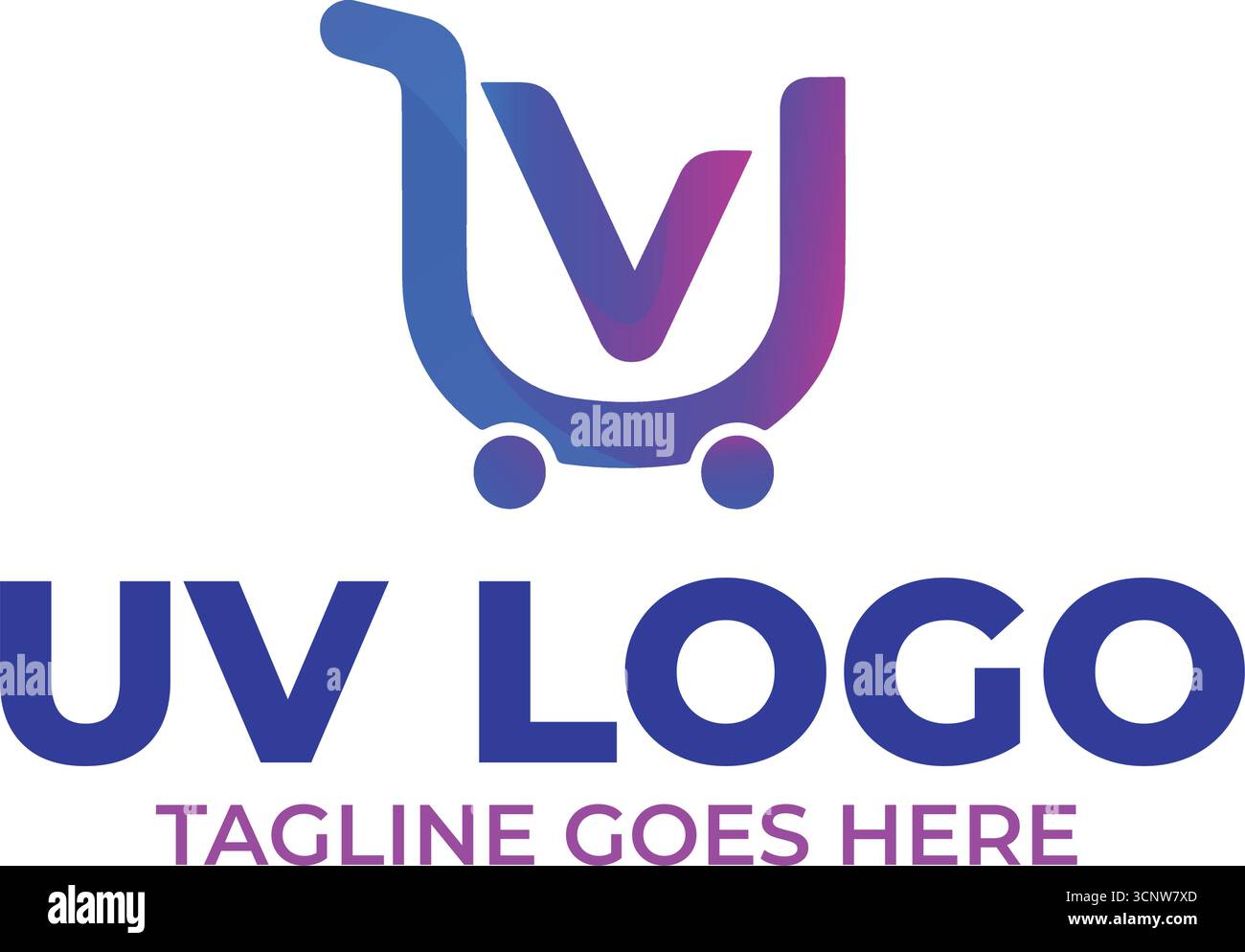 UV-Logo mit stilvollem Warenkorb – Farbverlauf blau bis violett Markensymbol Stock Vektor