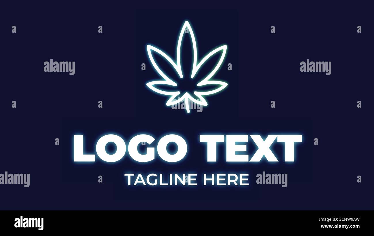 Neon-Logo im Cannabis-Stil – leuchtendes Design auf dunkelblauem Hintergrund Stock Vektor