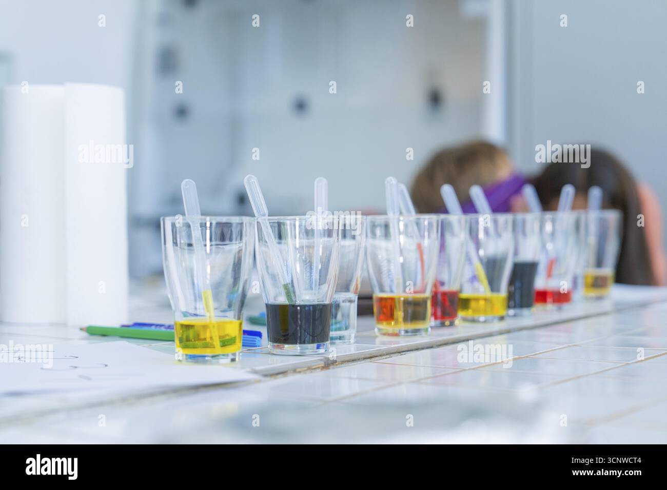 Gläser mit verschiedenfarbigen Flüssigkeiten und Pipetten für ein Laborexperiment, Jugendforschungszentrum Stockfoto