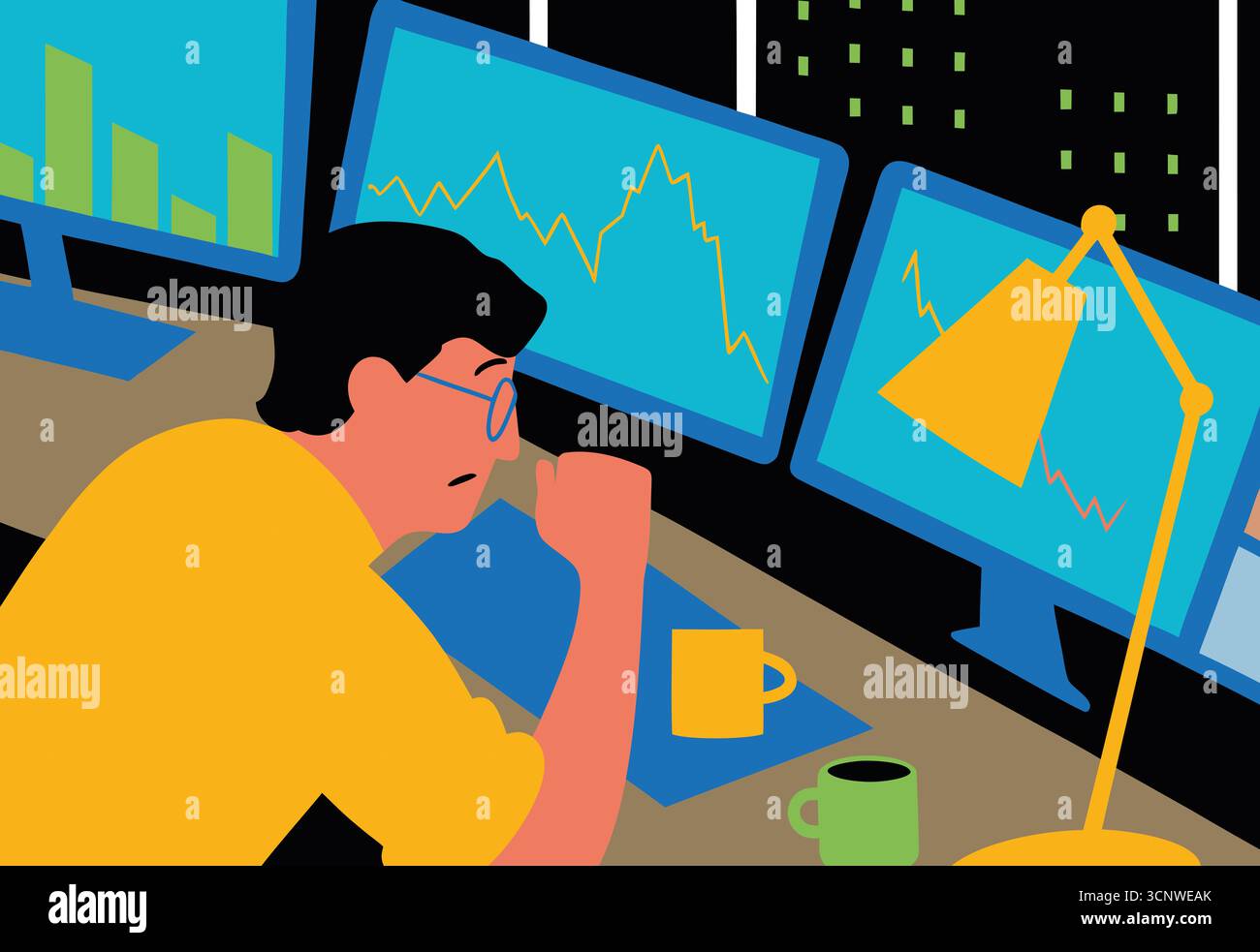 Ein Profi sitzt an einem Schreibtisch und beobachtet mehrere Computerbildschirme, die Marktdaten und Diagramme anzeigen. Stockfoto