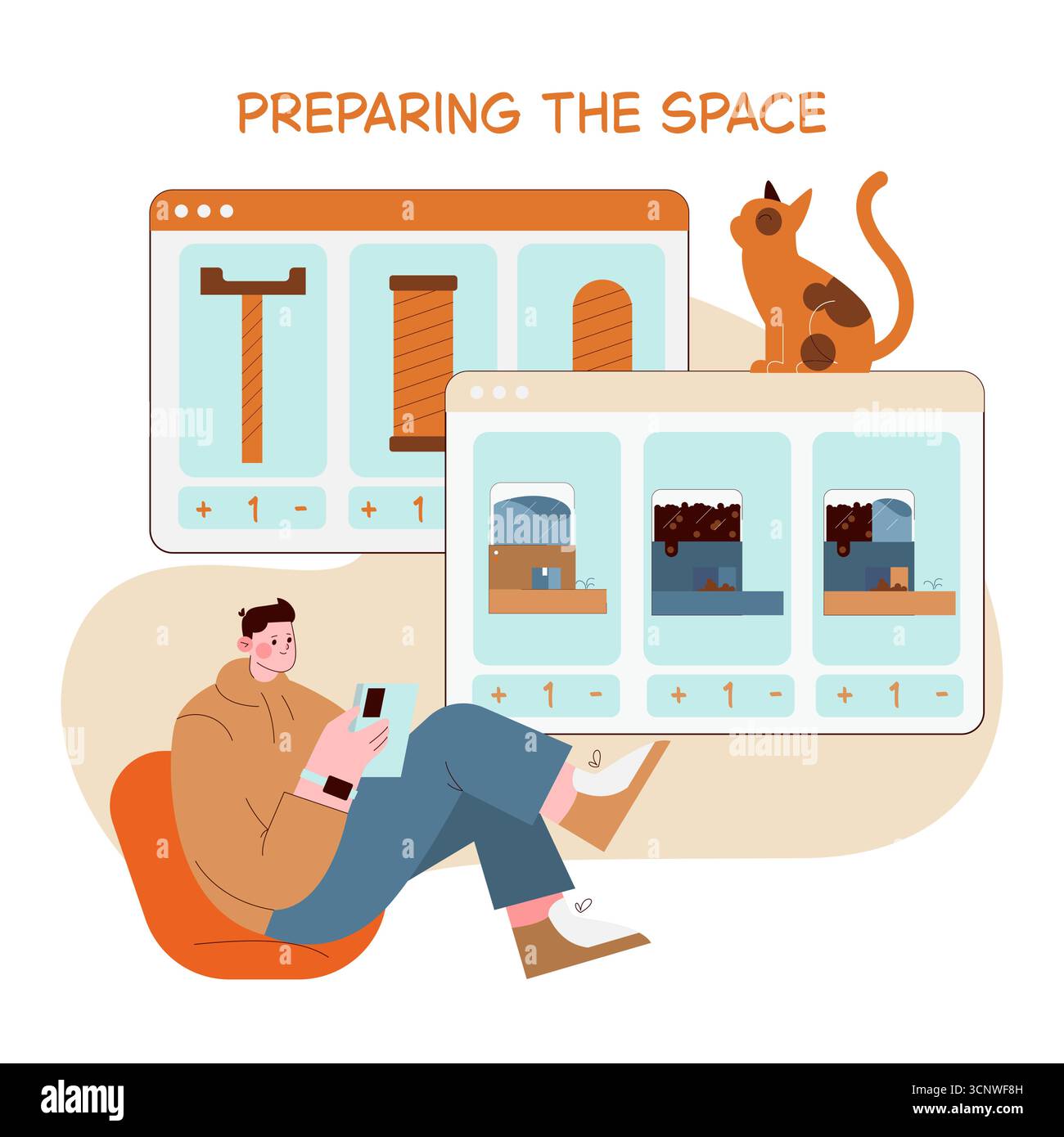 Vektorillustration einer Person, die mit der Planung der Innenarchitektur über eine digitale Schnittstelle befasst ist. Das Bild zeigt eine Katze, die auf einem Bildschirm sitzt und verschiedene Elemente des Innenraums zeigt. Stock Vektor