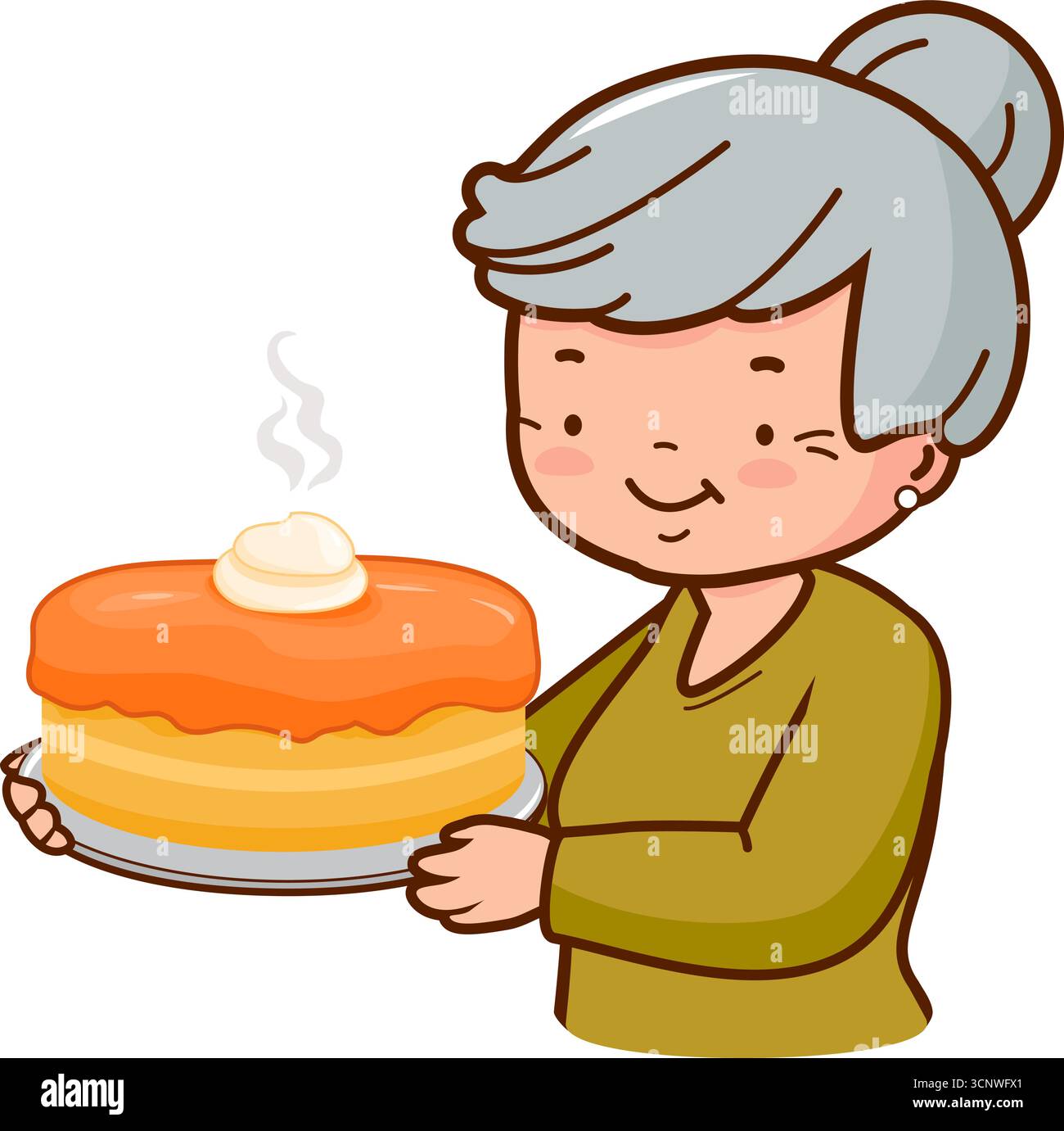 Oma hält einen heißen hausgemachten, frisch gebackenen Kürbiskuchen. Die alte Dame serviert Thanksgiving Kuchen Dessert aus der Küche. Kürbiskuchen mit Schlagsahne. Stock Vektor