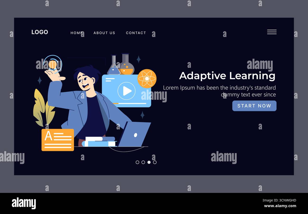 Vektorillustration für adaptives Lernen, die eine Person zeigt, die mit Bildungsinhalten auf einer Website-Oberfläche beschäftigt ist. Zu den Funktionen gehören Grafiken einer Wiedergabetaste, Bücher und wissenschaftliche Symbole. Stock Vektor