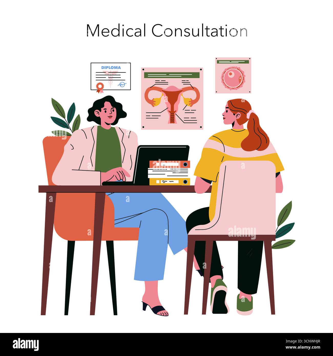 Arzt und Patient in einer ärztlichen Beratung, über gesundheitliche Bedenken diskutieren. Vektor-Illustration, die eine professionelle Gesundheitsumgebung mit pädagogischen Postern und Dokumenten darstellt. Stock Vektor