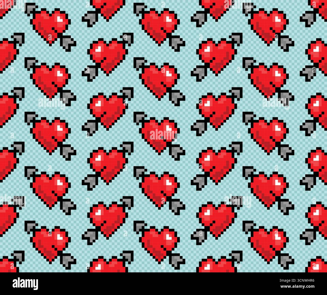 Nahtloser Pixelhintergrund mit Herz und Pfeil. Stock Vektor