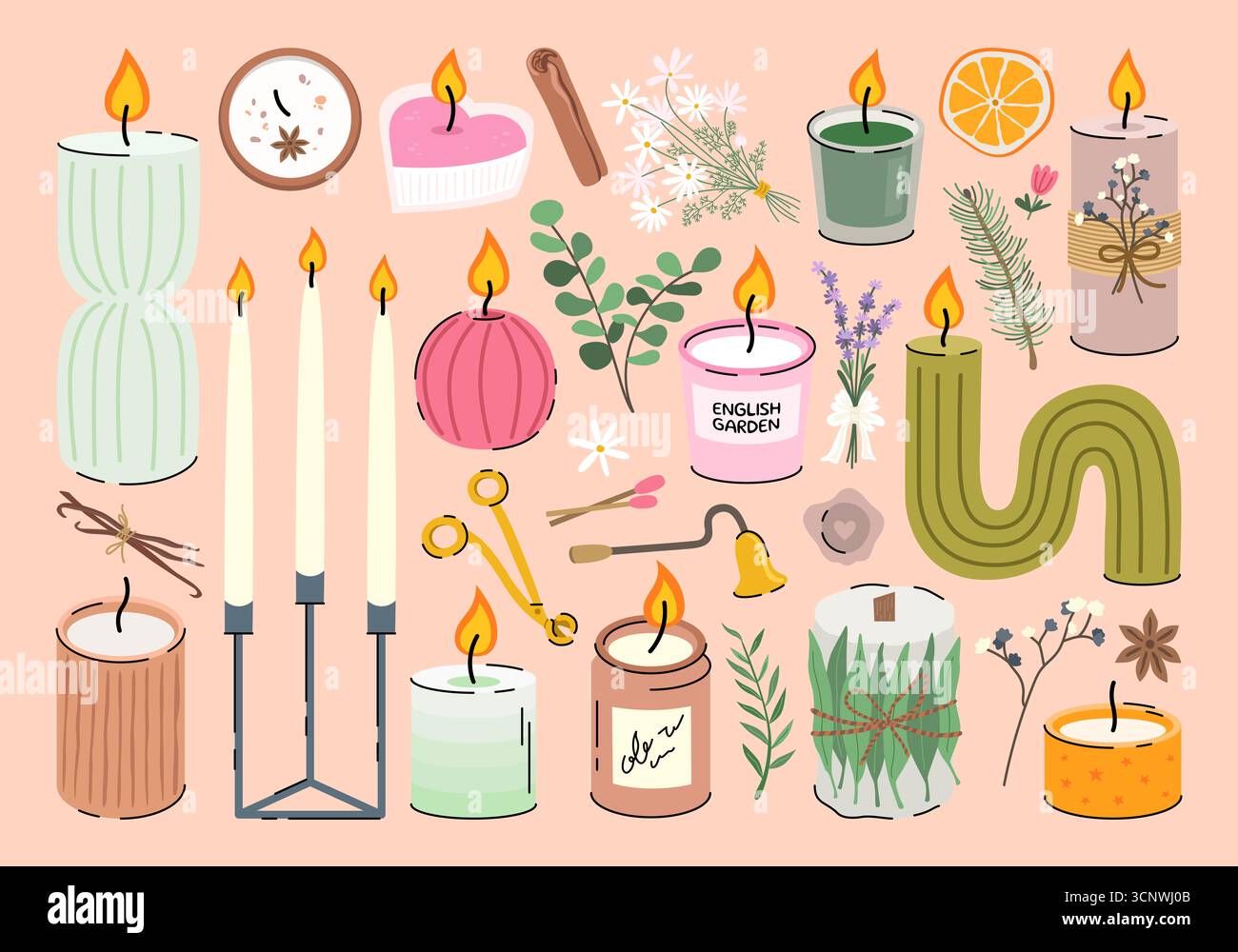 Set aus dekorativen Wachsbrennkerzen in verschiedenen Größen und Formen, Zubehör für Kerzen, getrocknete Blumen und Früchte für Aromatherapie und Entspannung. Stockfoto