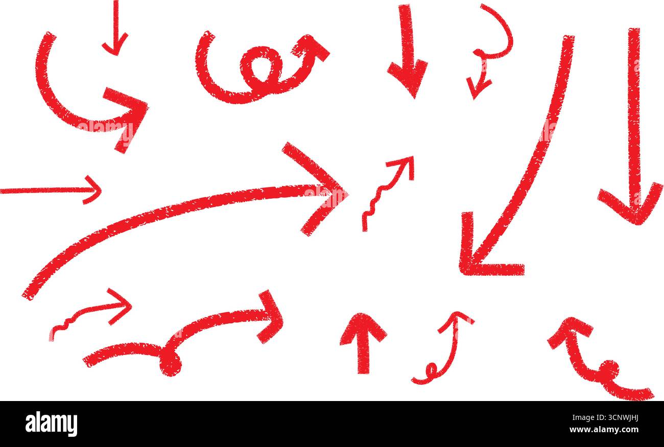 Roter handgezeichneter Pfeil Set Vektor – Sammlung der gebogenen, welligen, spiralförmigen und gerichteten Skizzierpfeile, Satz roter Pfeile Stock Vektor