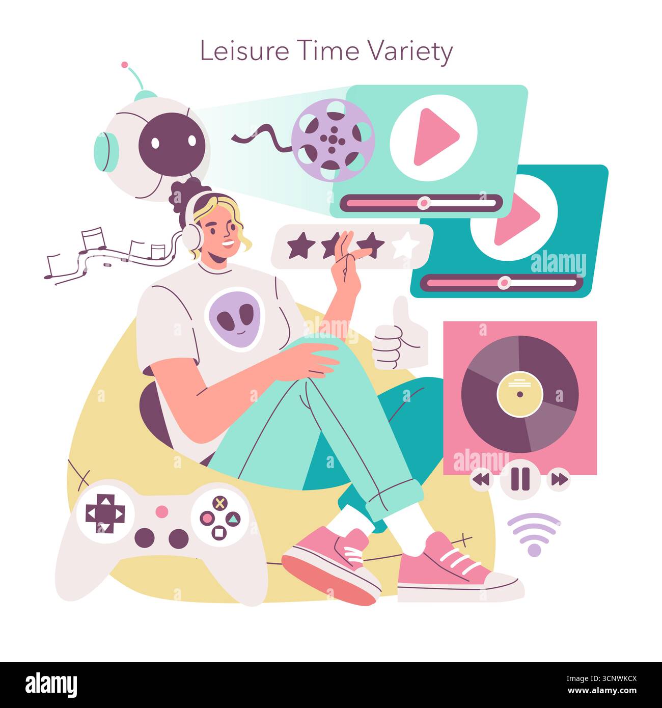 Vektorillustration einer Person, die zu Hause verschiedene Freizeitaktivitäten genießt, einschließlich Spielen, Musik hören und Videos anschauen. Das Konzept konzentriert sich auf Entspannung und Unterhaltung. Stock Vektor