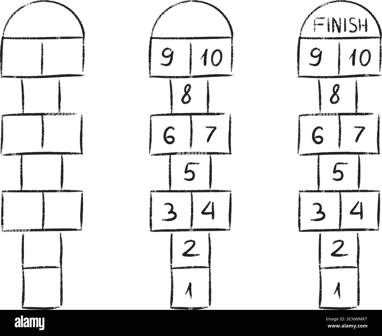 Hopscotch Spiel Kreidezeichnung auf der Spielplatzstraße für Schüler Hop und Scotch Aktivität. Stock Vektor