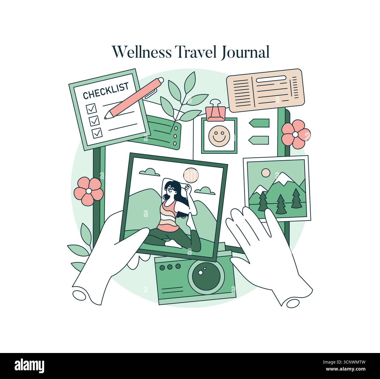 Vektor-Illustration eines Wellness-Reisejournals mit Fotos, Checkliste und Reiseartikeln. Die Hände halten ein Yoga-Foto, umgeben von lebendigen Elementen wie Blumen und Bergen. Stock Vektor